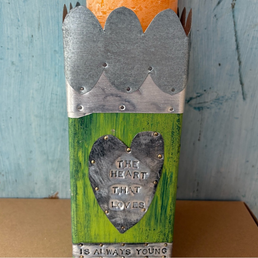 Artisan-Made Wood & Tin Decorative Green Candle Holder with Etched Saying - Picture 4 of 12